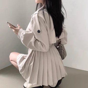 한국 세련된 틈새 복고풍 수트 칼라 더블 브레스트 레이스 업 허리 포옹 슬리밍 플리츠 트렌치 코트 드레스 짧은 드레스 여성