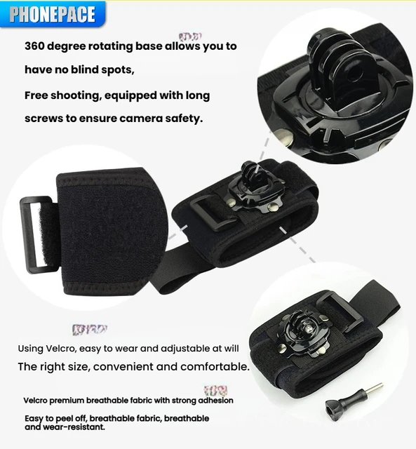 Phonepace 360 degrés Rotation Gopro dragonne bras sangle montage bracelet pour Gopro Hero 10 9 8 5 Xiaomi Yi 4K SJ4000 2