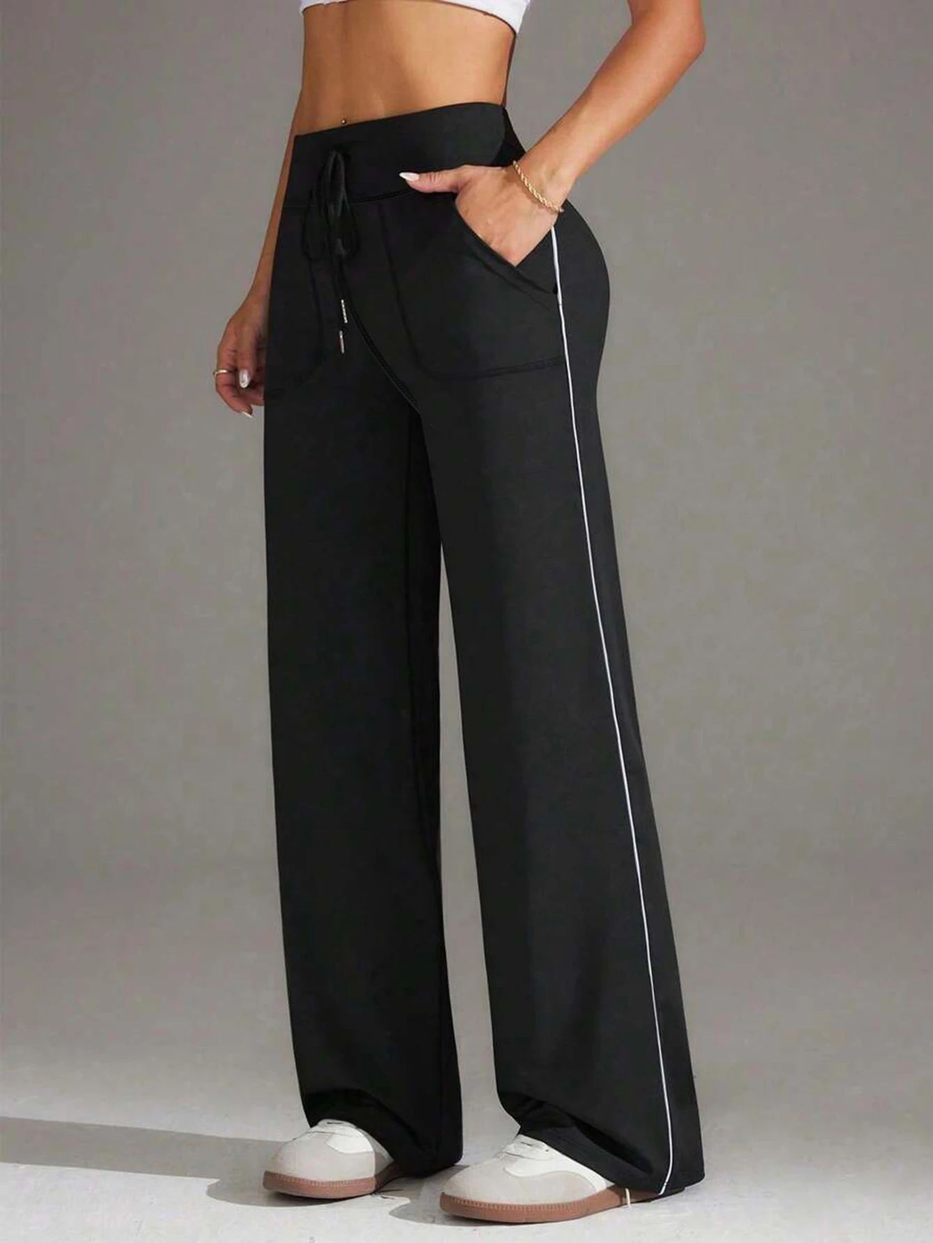 High Waist Straight Leg Casual Wide Leg Pants Side Stripe Sports Loose Slimming Yoga Trousers European Style