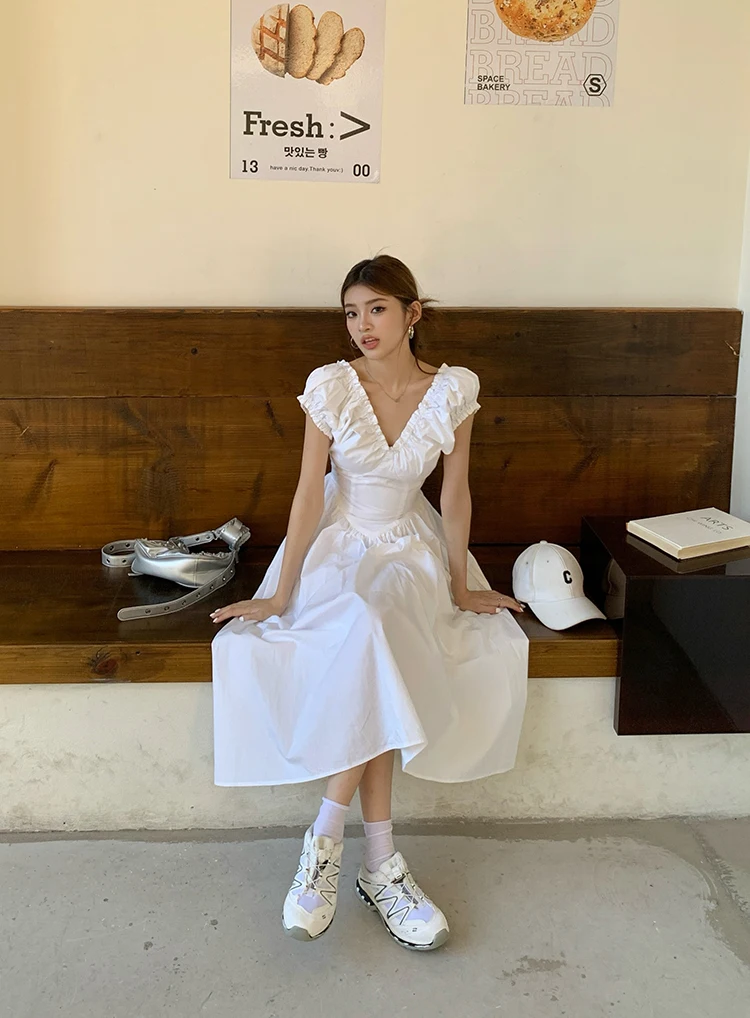 Casual Solid Midi Dresses for Women Korean Chic V-neck Backless High Waist Puff Sleeve A-line Party Dress Summer Vestidos Mujer