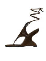 Sandales à talons compensés en daim marron, Sexy, à lacets, noires, talons hauts de 10cm, pour femmes, chaussures de luxe de styliste, à bout rabattable, nouvelle collection été 5