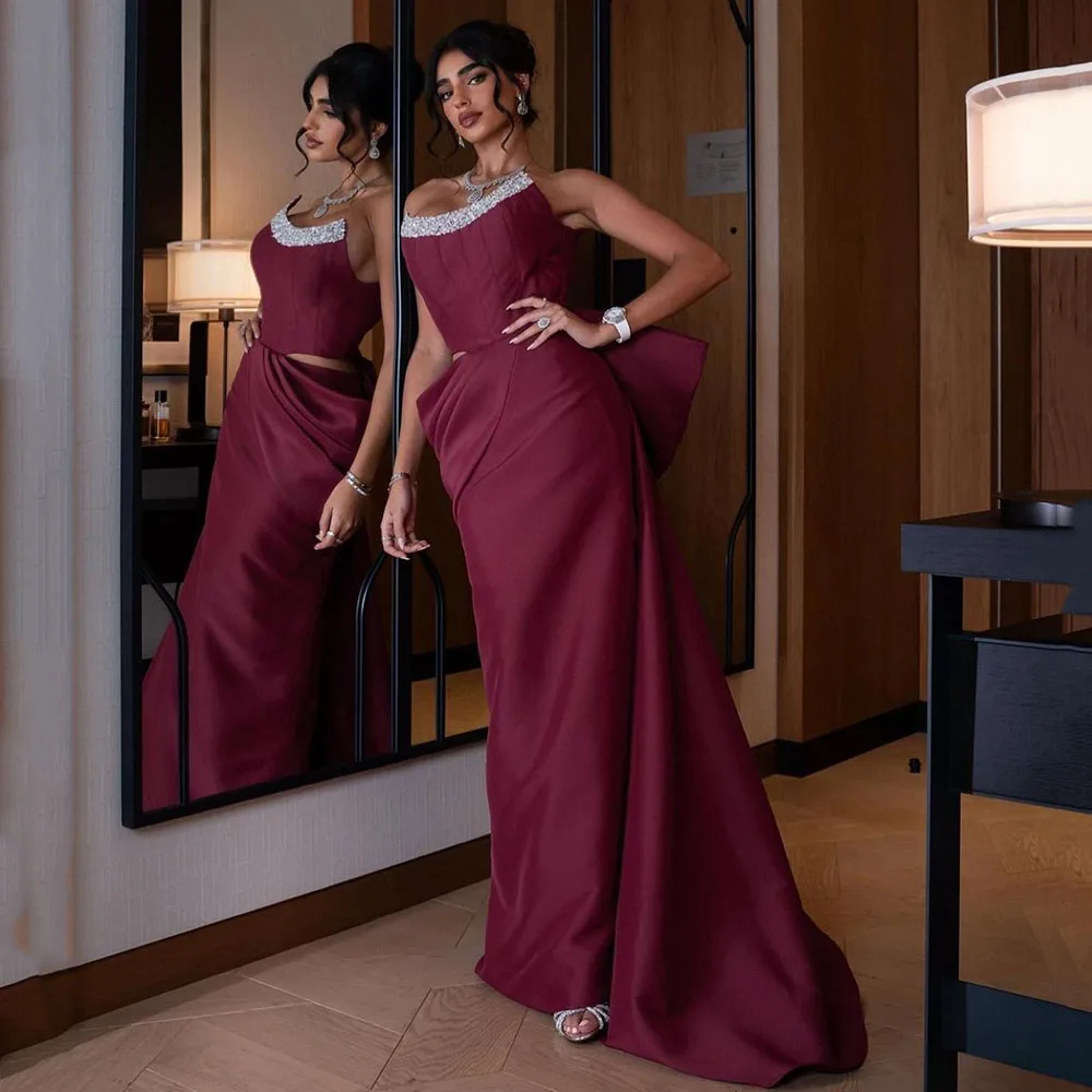 

Temperament Sleeveless Satin Boat Neck Prom Gown Backless Sheath Patchwork Evening Party Desses فساتين للحفلات الراقصة
