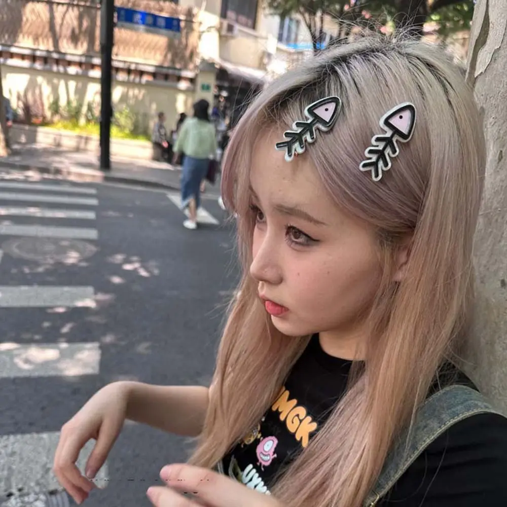 Simple Fish Bone Bangs Clip Pink Acetic Acid Hair Clips Y2K Hair Clips Barrettes Gifts