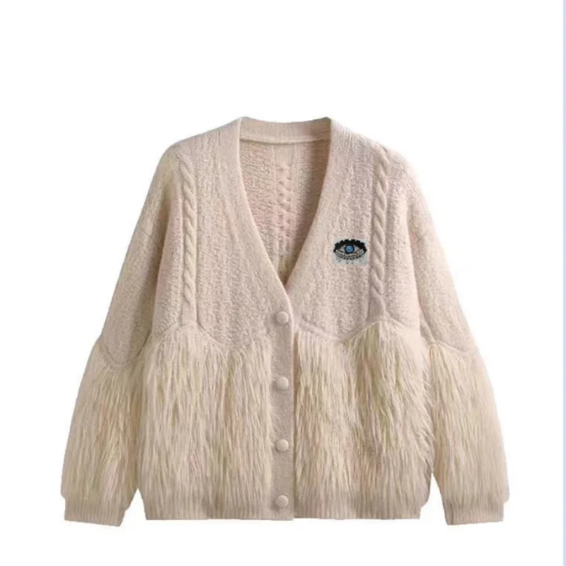 thumbnail image 1 of Suéter de punto de lana para mujer, cárdigan holgado con cuello en V, estilo holgado, chaqueta tipo suéter Devil's Eye Sandros, primavera y otoño 2024, nuevo, 1 of 4