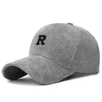 Corduroy Baseball Cap with 3D Embroidered 'R' Letter Solid Color Adjustable Structured Hat Stylish Fall and Winter Accessory 1