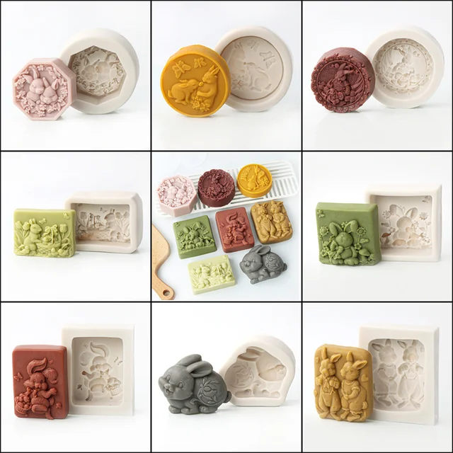 Easter Flower Rabbit Silicone Soap Mold DIY Happy Cute Rabbit Flower Pattern Butterfly Animal Relief Chocolate Cake Decor Gift