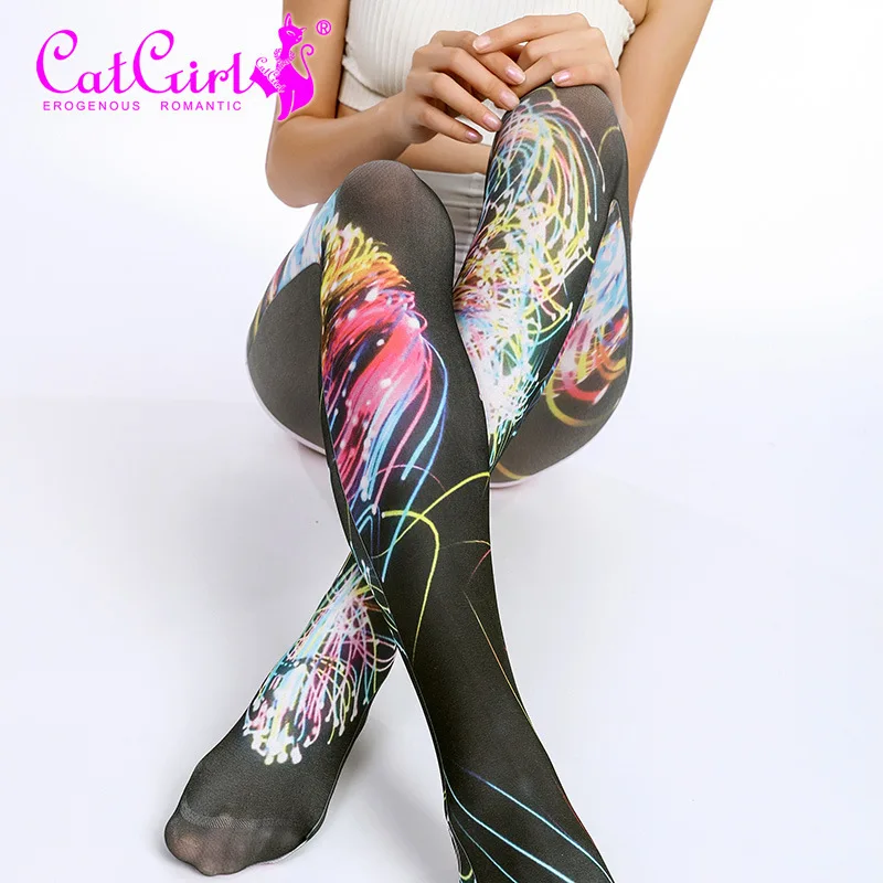 Fashion Opaque Digital Printed Collant Tights High Quality Flexible Womens Tie-dyed Patterned Pantyhose New Designs Stockings