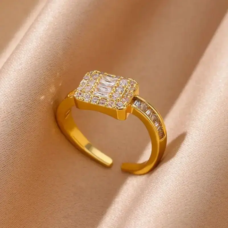 Zircon Square Rings Gold Color Stainless Steel Opening Geometric Ring