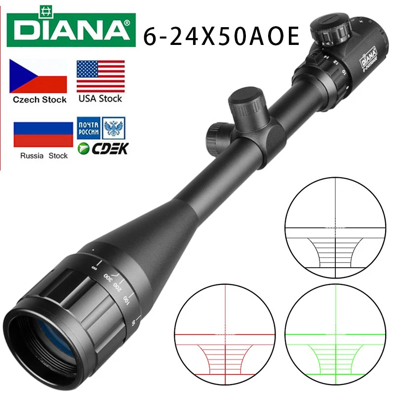 DIANA 6-24x50 AOE Tactics Rifle Scope Green Red Dot Light Sniper Gear  Hunting Optical Sight Spotting Scope Rifle Hunting