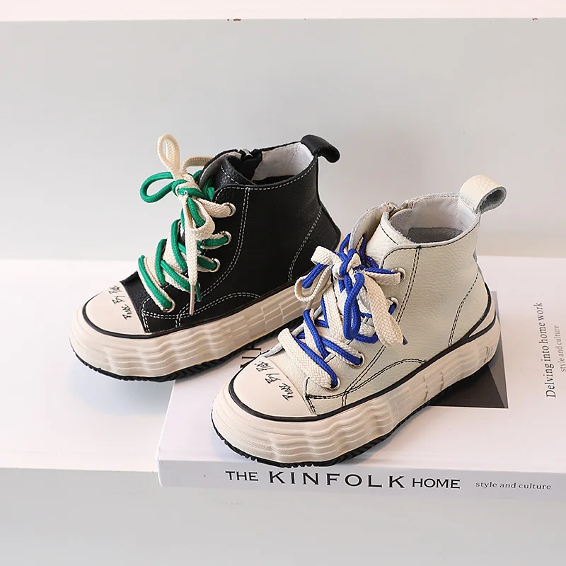 

Children Genuine Leather High Top Sneakers Girls Ankle Trainers Zip Side Rubber Sole Fashion Boys Kids Toddler Skating Shoes