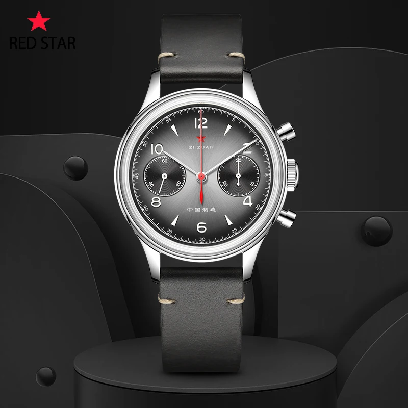 

Red Star 38mm Grey 1963 Chronograph Men's Sapphire Acrylic Glass ST19 Hand Winding Movement Pilot Mechanical Men Watches