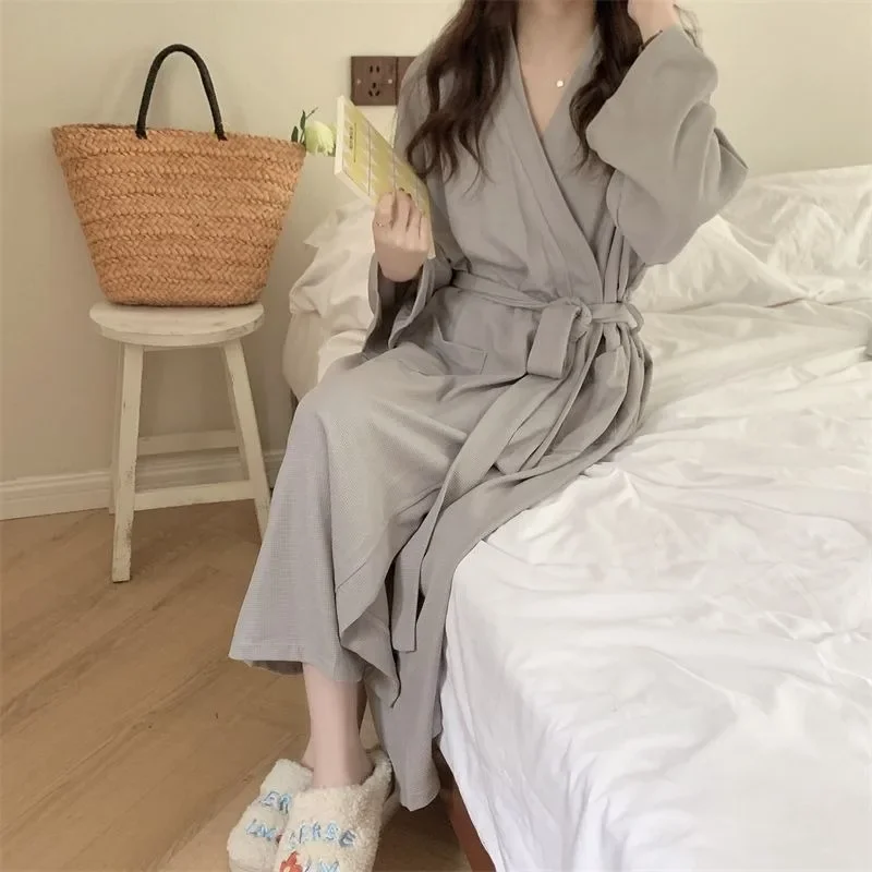 Solid Color Robe Pajamas Women's Spring and Fall New Fashion Simple Loose Sleepwear Bathrobe Nightgown Leisure Home Wear New