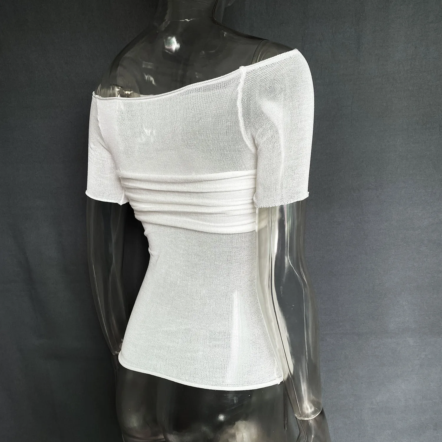 Short Sleeve Mesh Top Shirt For Women Off-Shoulder See-Through Knit Sexy Pullover Summer Sheer New 2025 Ladies T-shirt