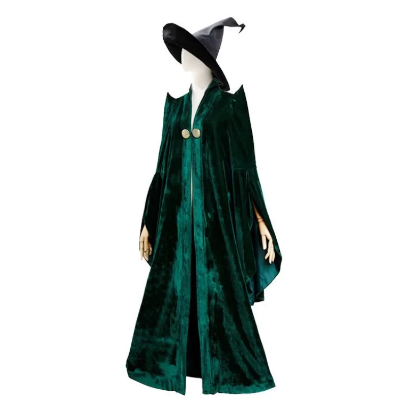 Movie Professor Mileva McGonagall Cosplay Costume Adult Women Green Cloak Witch Hat Suit Halloween Party Outfit