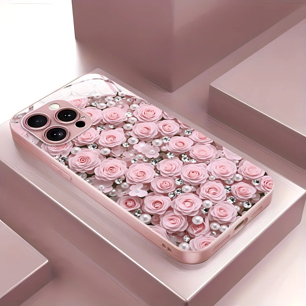 Elegant Flower Design Tempered Glass Phone Case