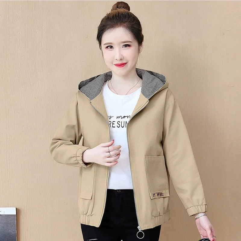 2023 New Women Spring Short Coat Hooded Loose Large Lightweight Slim Fit Simple Commuter Versatile Jacket Pure Color Blouse Top