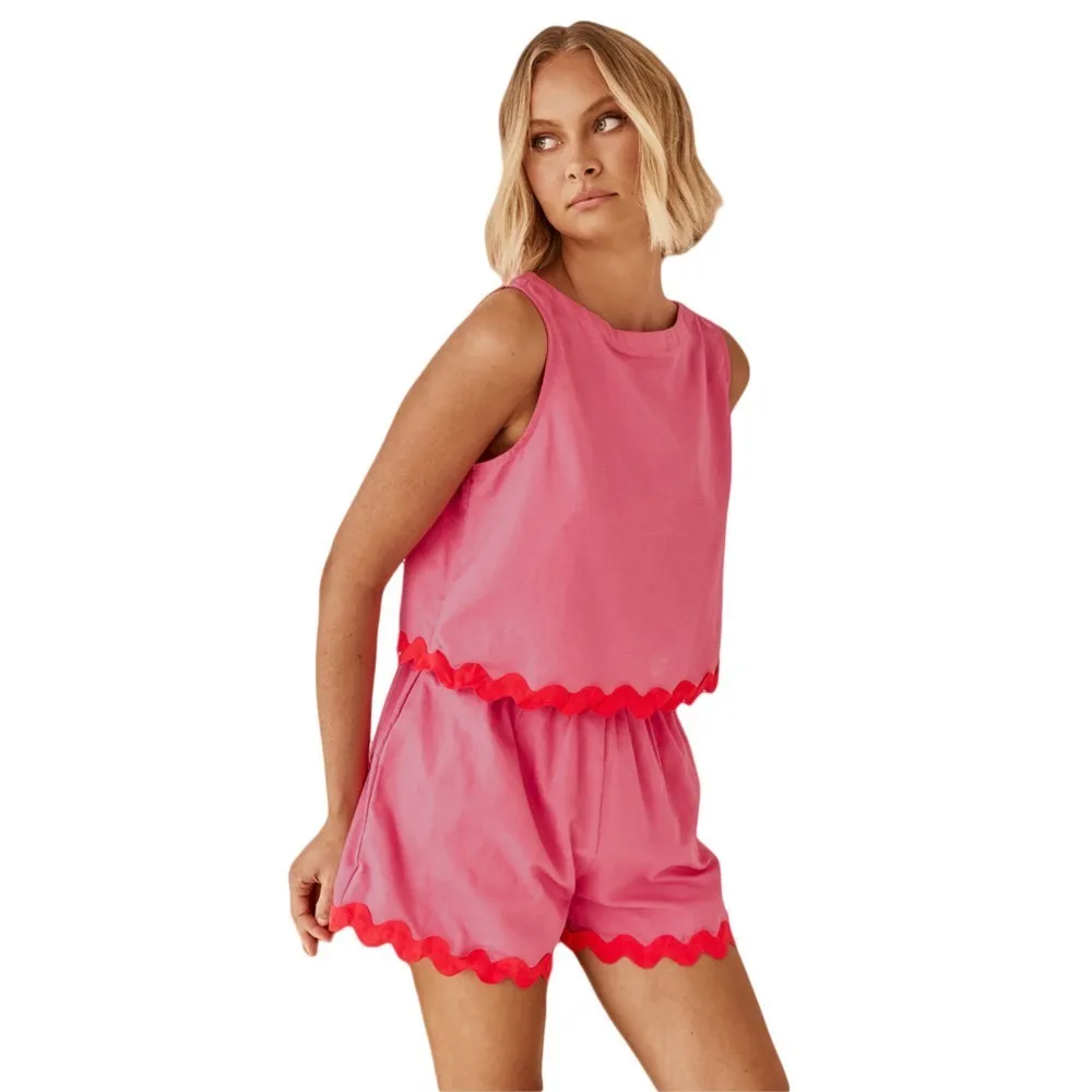 Fashion Wave Stripe Patchwork Shorts Set For Women Causal Solid O Neck Tops Fashion Set Female Summer Holiday Beach 2 Pieces Set