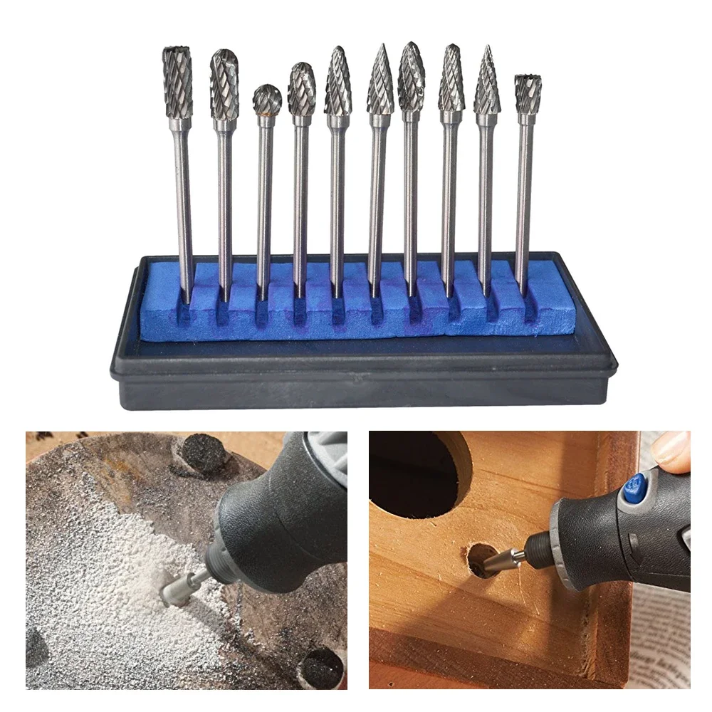 Die Grinder Shank Rotary Burr 10 Pcs/set 6mm Tungsten Carbide Single/Double Cut Rotary Point Burr 1/8" Shank Fit Rotary Tools