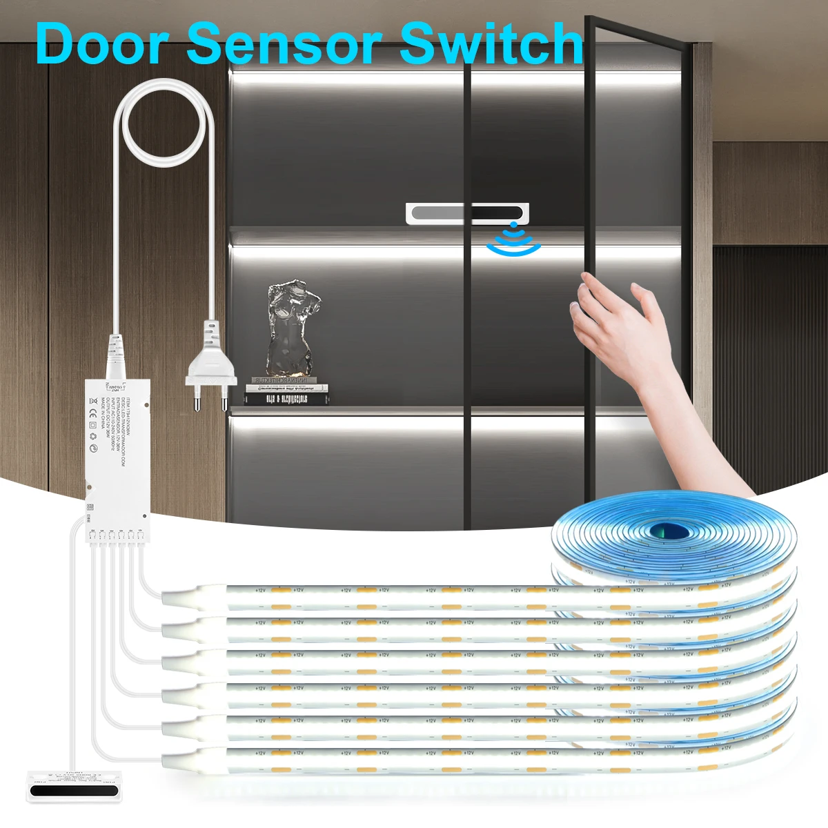 สมาร์ทเซ็นเซอร์ประตูควบคุม 12V COB LED Strip ภายใต้ตู้ไฟตู้เสื้อผ้าตู้เสื้อผ้า,ไวน์ตู้คู่ประตูโคมไฟตกแต่งบ้าน 1