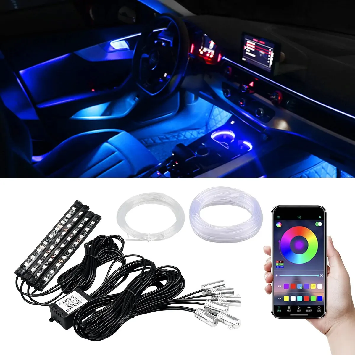 Car Interior Neon RGB Led Ambient Light Fiber Optic Kit With APP Sound Control Multiple Modes Auto Atmosphere Decorative Lamp