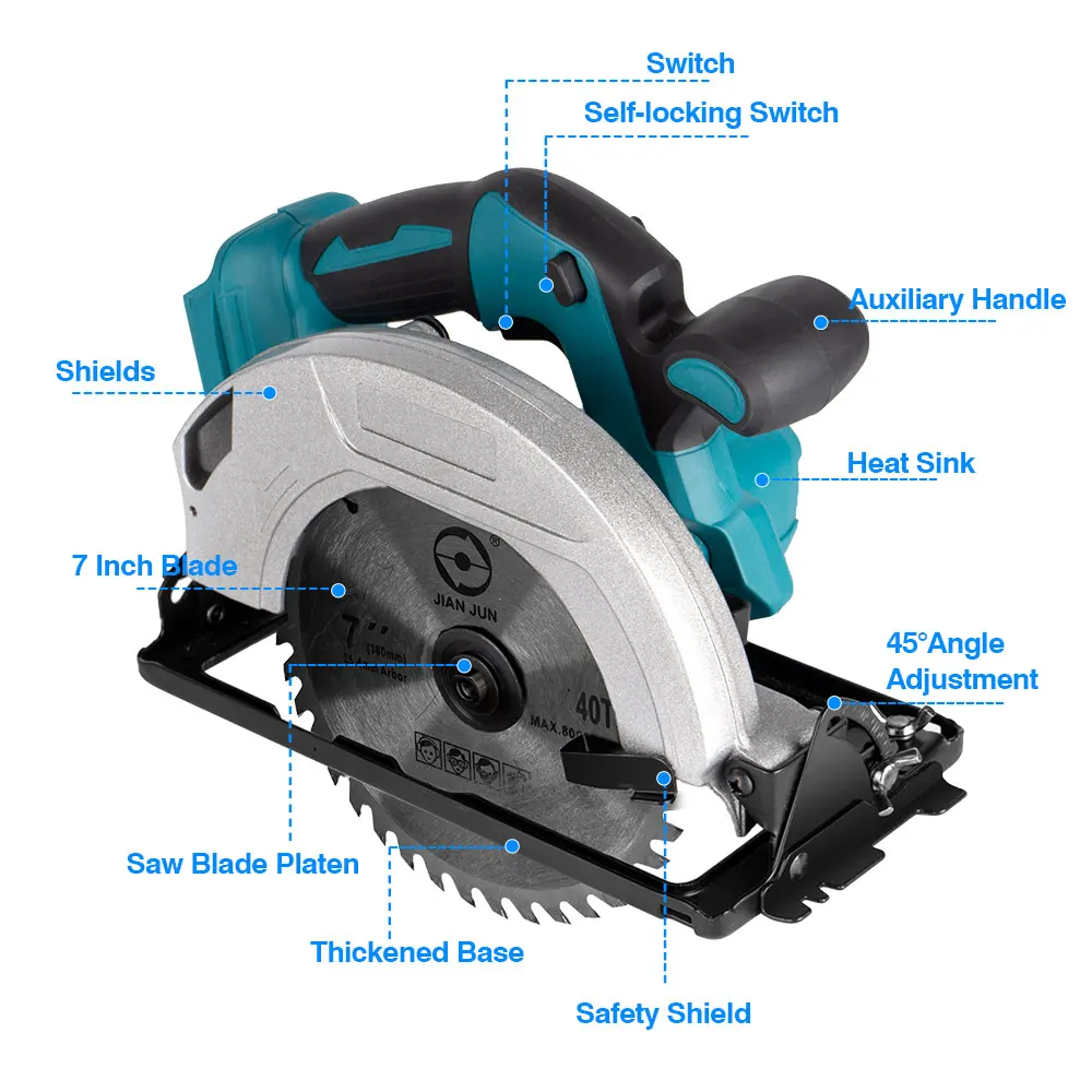 7Inch 180mm Brushless Electric Circular Saw 5000RPM Cordless Adjustable  Angle Multifunctional Cutting Tool For Makita 18VBattery