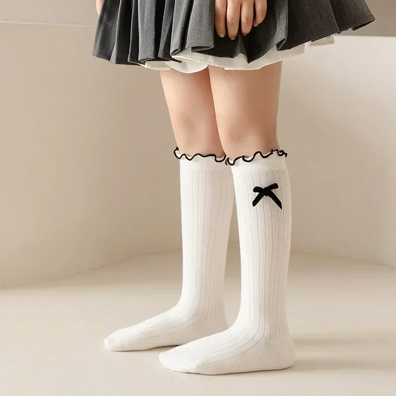 Autumn Children Cotton Stockings Ruffle Korean Bow Knee High Long Frilly Socks for Kids Girls Solid Color Bow School JK Sock