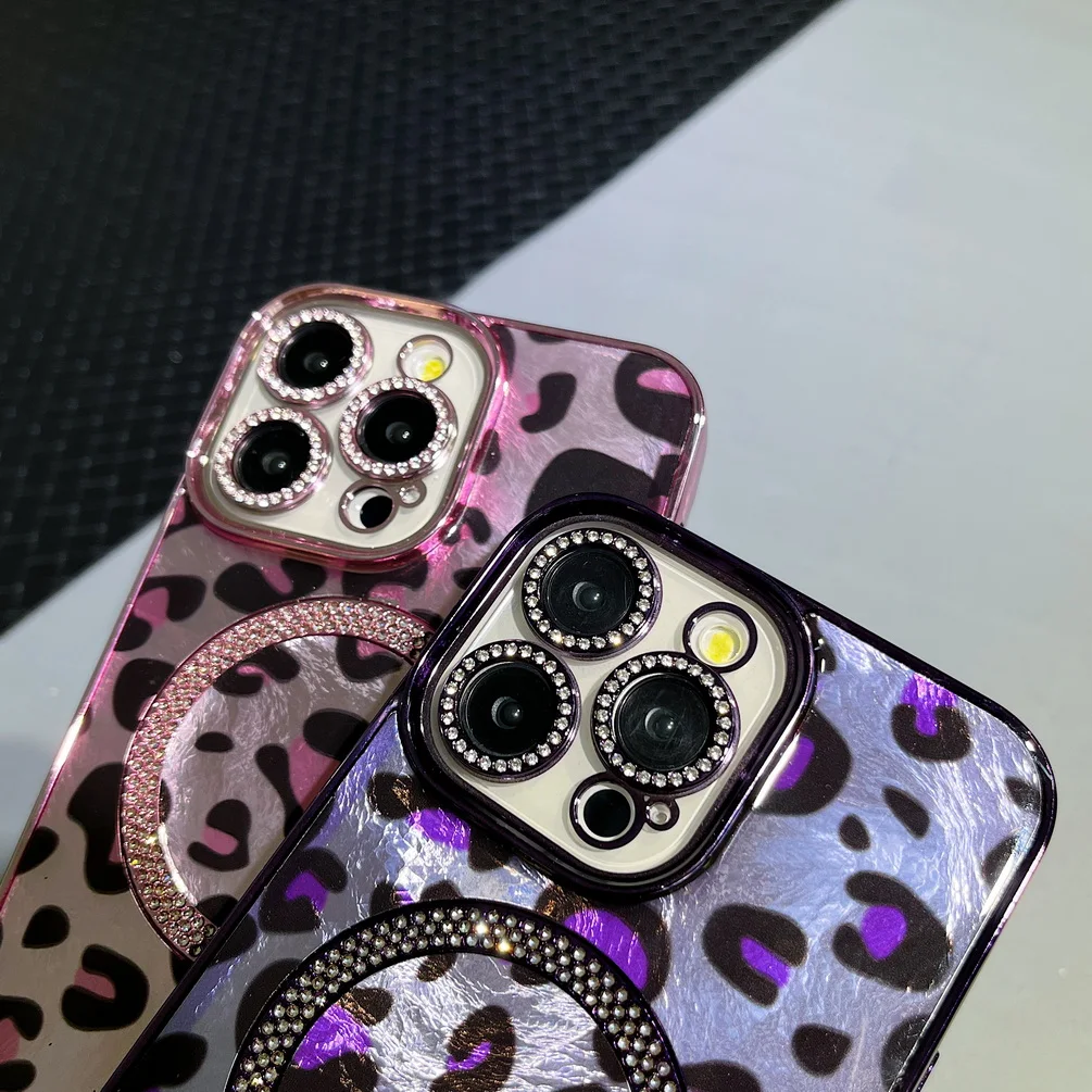 Shiny Rhinestone Leopard Print Magsafe Magnetic Case for iPhone 16 Pro Max 15 Pro 14 Plus 16 + 13 12 11 Camera Protect cover