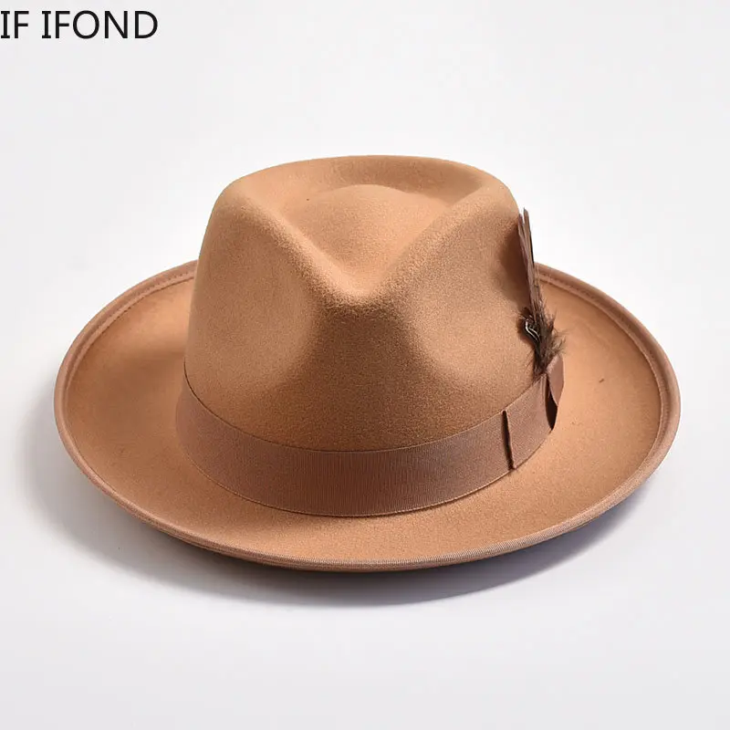 Handmade Feathers Felt Fedora Hat Vintage Men Panama Trilby Hats Curved Brim Gentleman Party Dress Cap 2