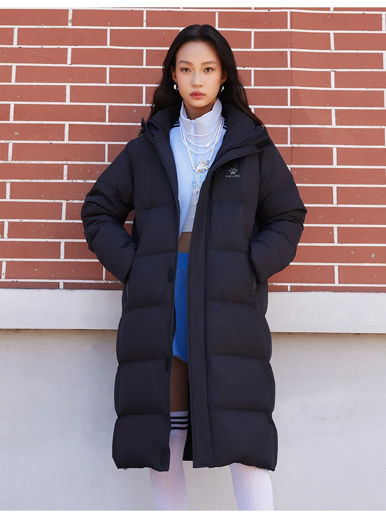Kelme Damen Langer Daunenmantel Winter Knielange Trainingsjacke Outdoor Winddichte Warme Sport-Kapuzenjacke Damen Baumwolljacke – Detail 13