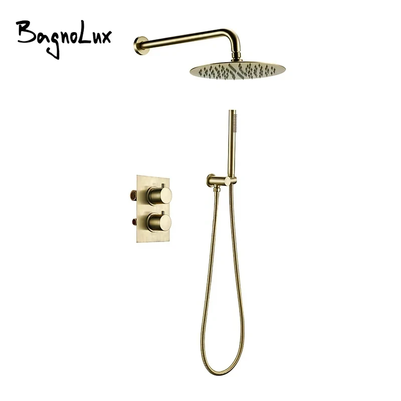 Bursh Gold Thermostatic Shower Faucet Set Bathroom System With Rain Handheld Wall Mount Luxury Mixer Tap With Conceal Diverter bathroom shower faucet set