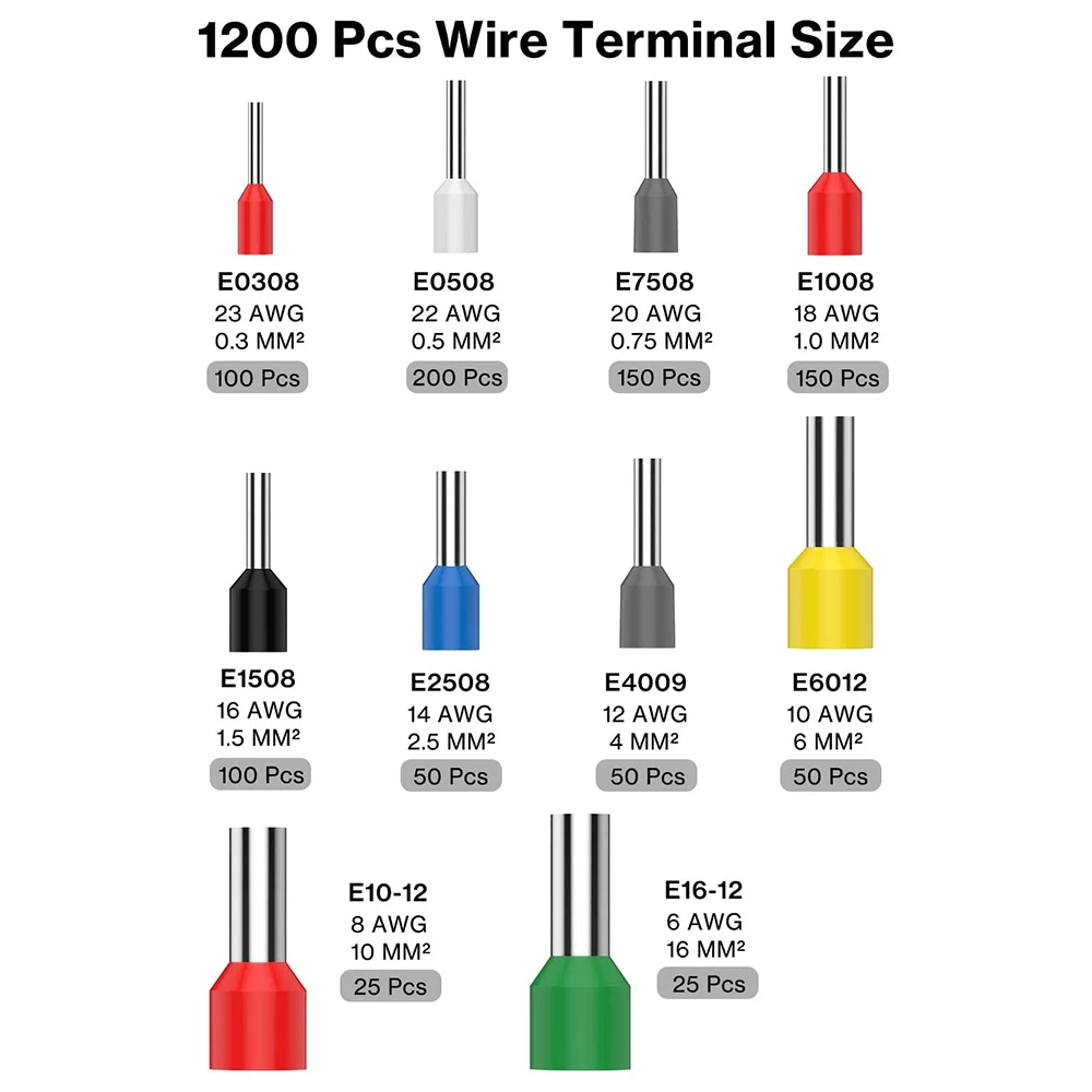 Kit Da 1200 Terminali A Ghiera Per Crimpatura Cavi - 22 AWG A 8 AWG - Con Scatola Portatile - Foto 6