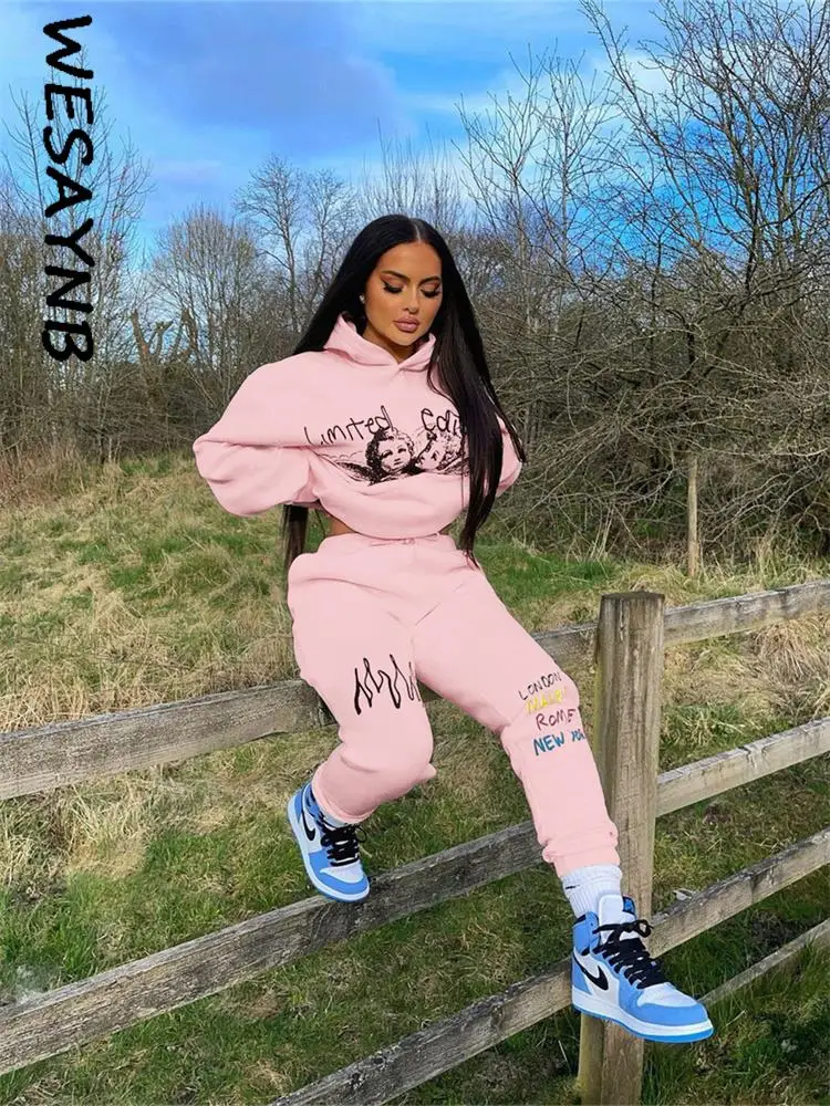 Gray Pink Sporty Streetwear 2 Two Piece Set Women Long Sleeve