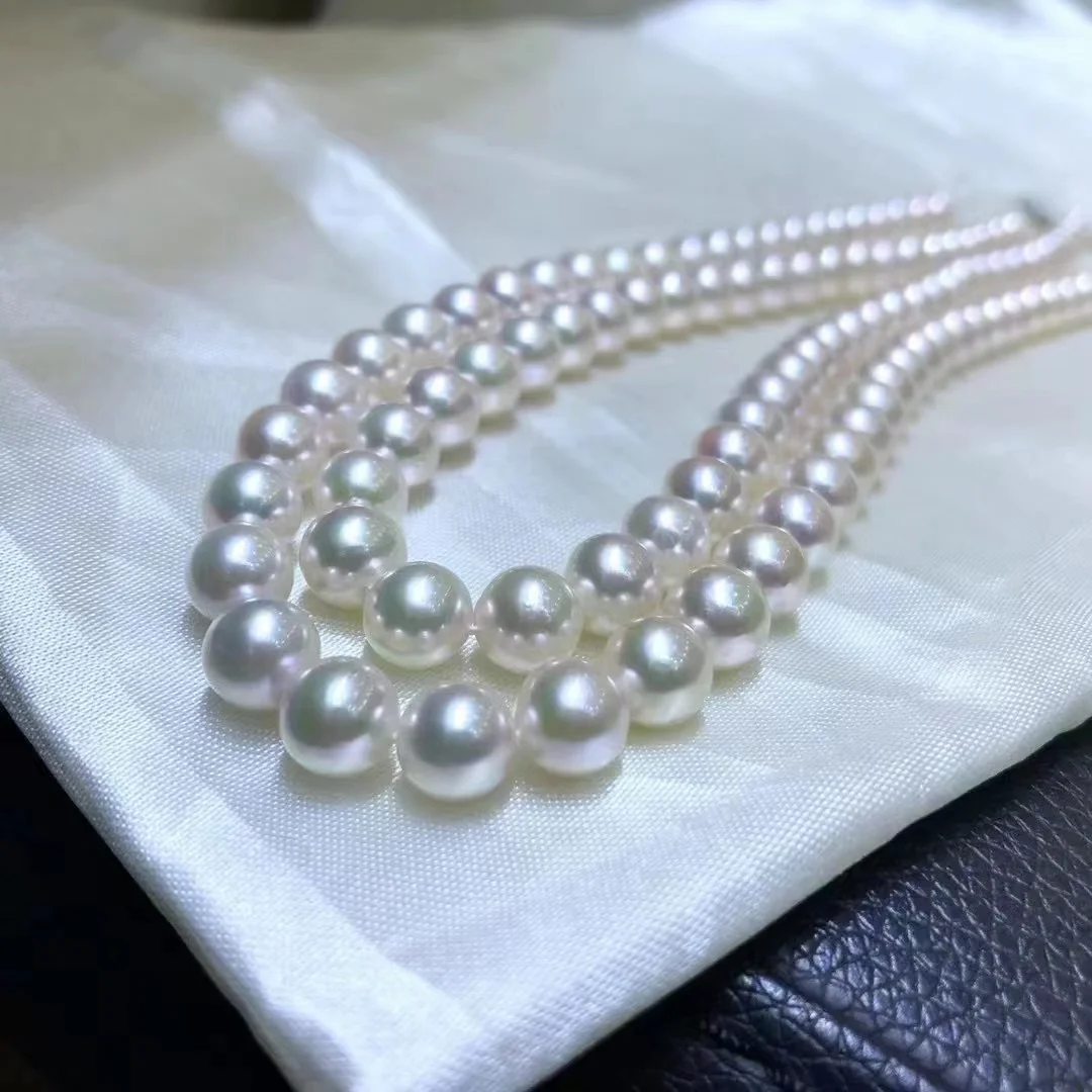 Fashion 925 Sterling Silver Necklace For Women 7.5-8mm Round Seawater Akoya Pearl Long Necklace Fine Wedding Party Jewelry Gifts