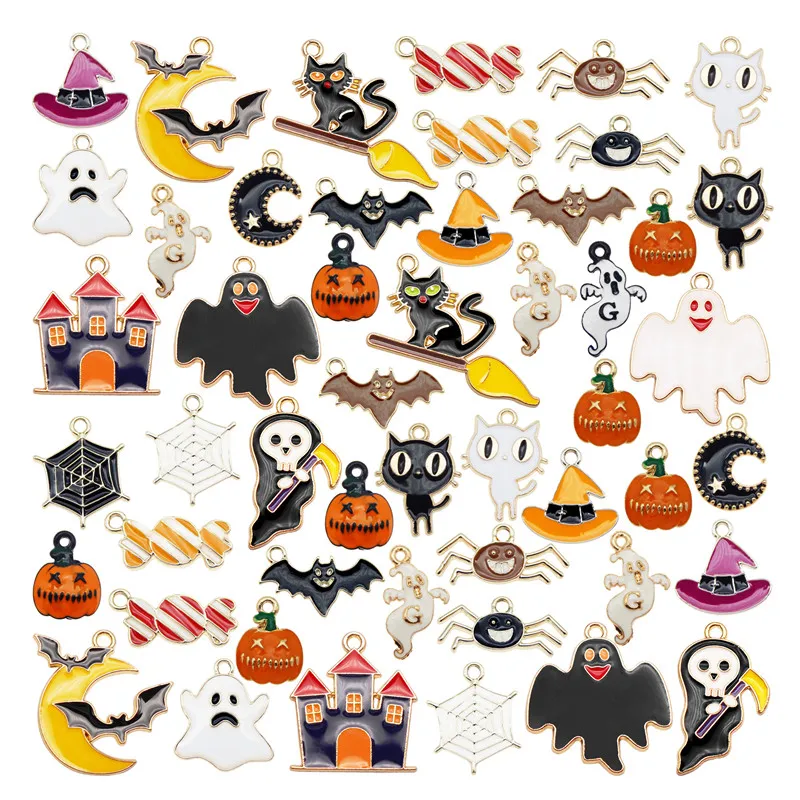 

Julie Wang 24PCS Enamel Halloween Charms Mixed Ghost Pumpkin Moon Bat Cat Spider Castle Alloy Pendant Jewelry Making Accessory