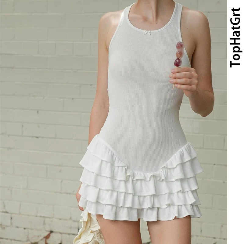 

Новинка 2024, летняя женская одежда, модное сексуальное облегающее платье без рукавов с круглым вырезом и оборками