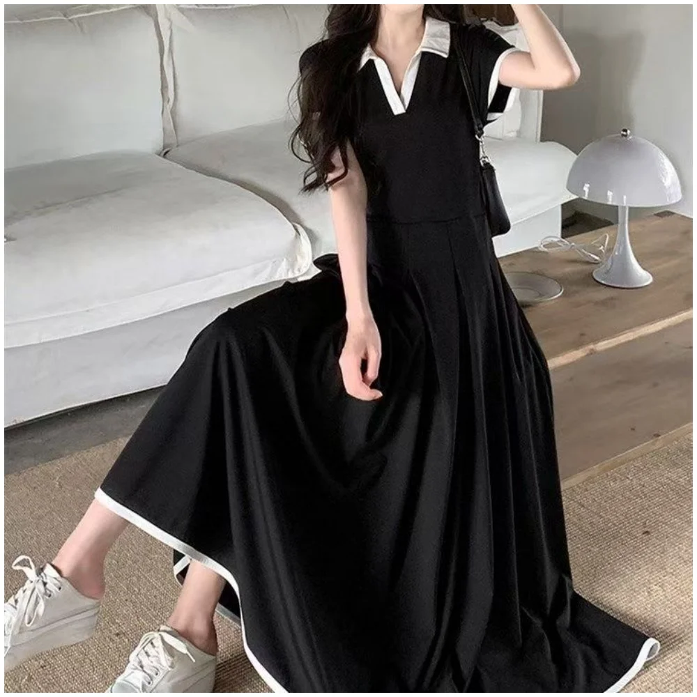 New In 2025 Summer Plus Size Short Sleeve Maternity Dress Loose Matching Patchwork Lady's Black Dress Korean Chic Elegant Dress