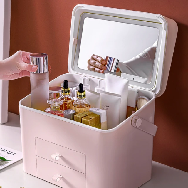 Caja de almacenamiento de cosméticos acrílica, organizador de maquillaje  con espejo, tocador de mesa, caja de almacenamiento con cajón, joyería,  lápiz labial - AliExpress