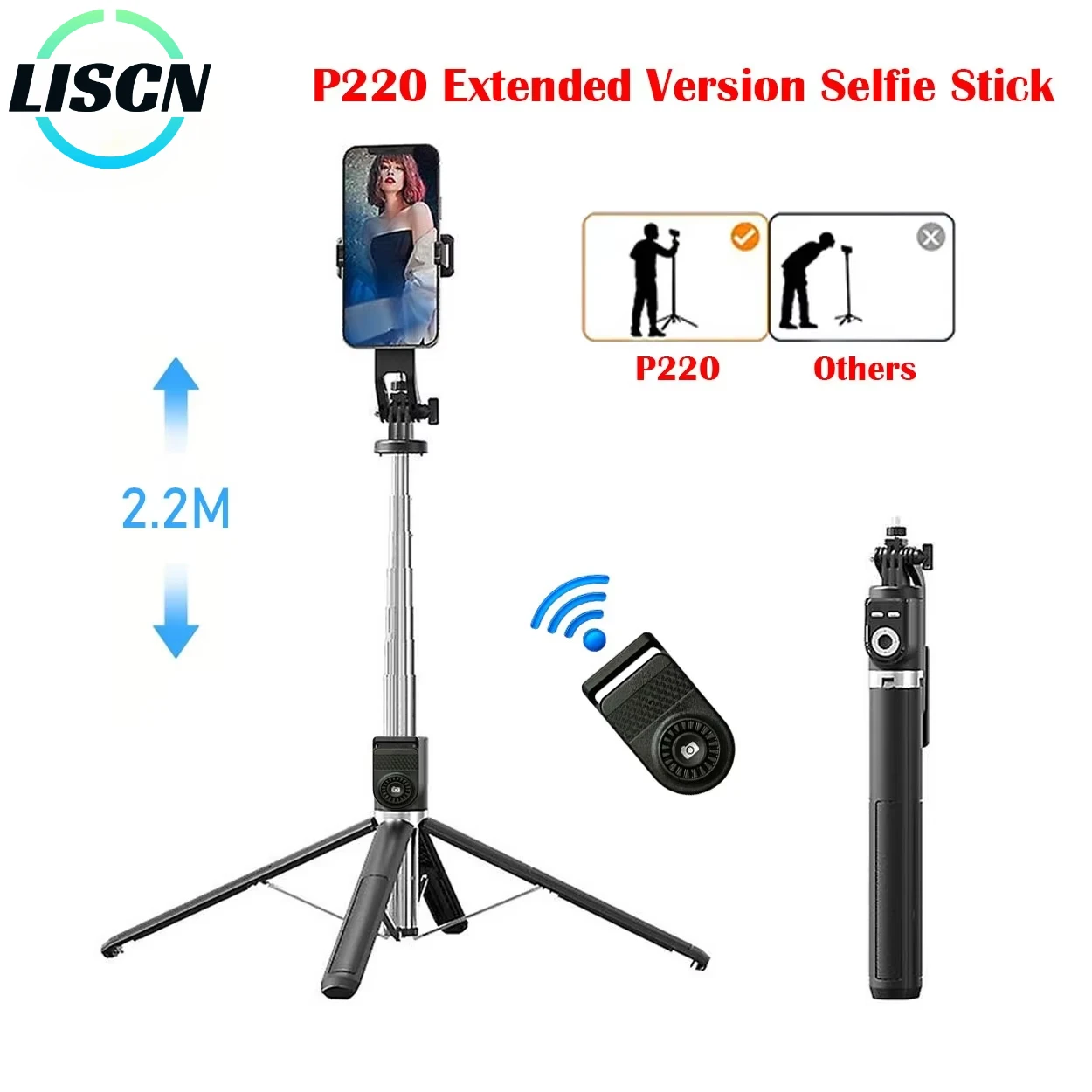 LISCN Extended Version 2.2M Selfie Stick Tripod Phone Stand Holder Selfie Stick with Wireless Bluetooth Remote and Fill Light
