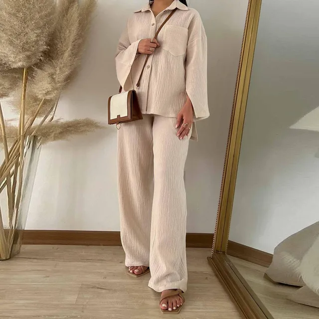 Eid Muslim Women Two Piece Set Splice Pocket Shirt Wide Leg Pants Ensemble Dubai Arab Islamic Ramadan Outfit Casual Suits - Image 3