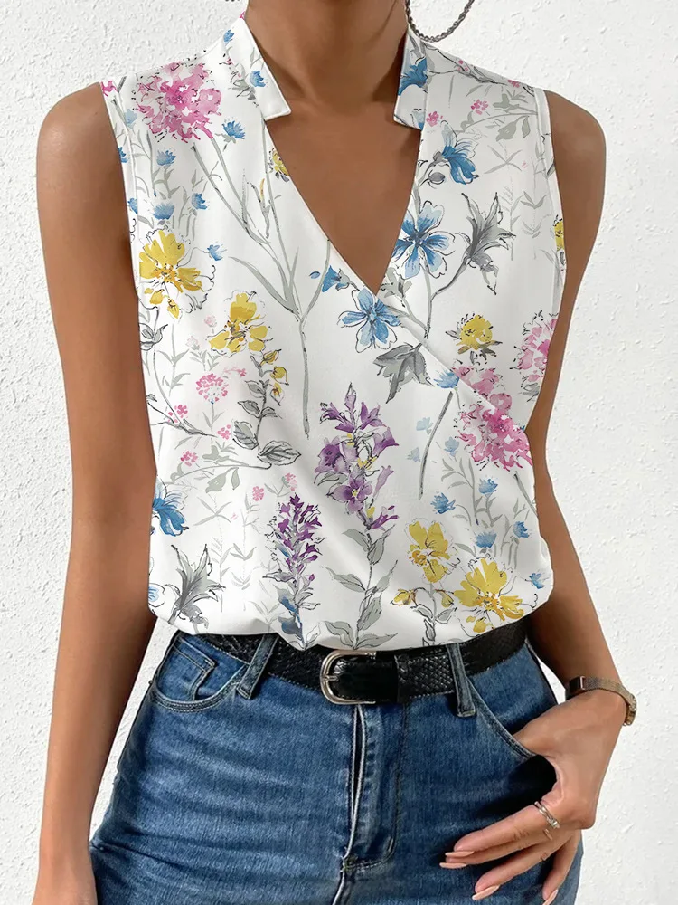 

Summer Women's Print V-Neck Shirt Casual Loose Sleeveless Top Blouses Fashion Ladies' Office Shirt Women's Clothing