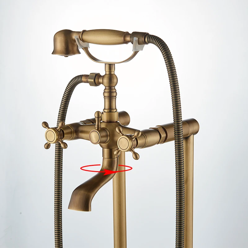 Antique Brass Bathroom Floor Mount Bathtub Filler Freestanding Bathtub Faucet Dual Handles Shower Set With Handshower Mixer Tap 4