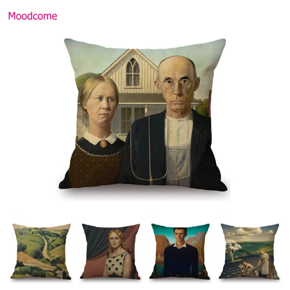 

Grant Wood Famous Painting American Gothic Farm Scene Landscape Cotton Linen Sofa Throw Pillow Cover Car Seat Cushion Cover Case