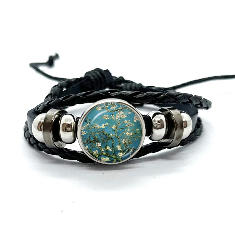 Classic Van Gogh Art Painting Series Bracelet Starry Night Sunflower Handmade Glass Leather Bracelets Men Women Gift 2