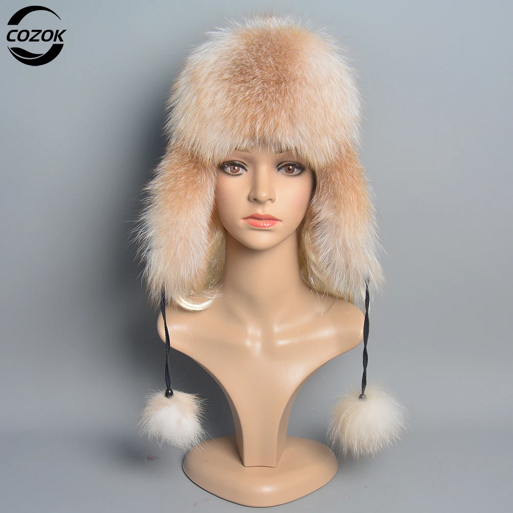

Winter Warm Ladies 100% Real Raccoon Fur Hat Russian Real Fox Fur Bomber Hats With Ear Flaps For Women Genuine Real Fox Fur Caps