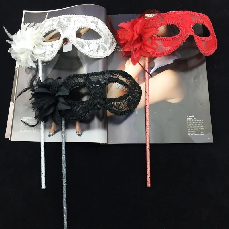 

Venice Princess Masquerade Mask Handheld Side Flower Translucent Feather Lily Mask Flat Head Lace Handheld Mask