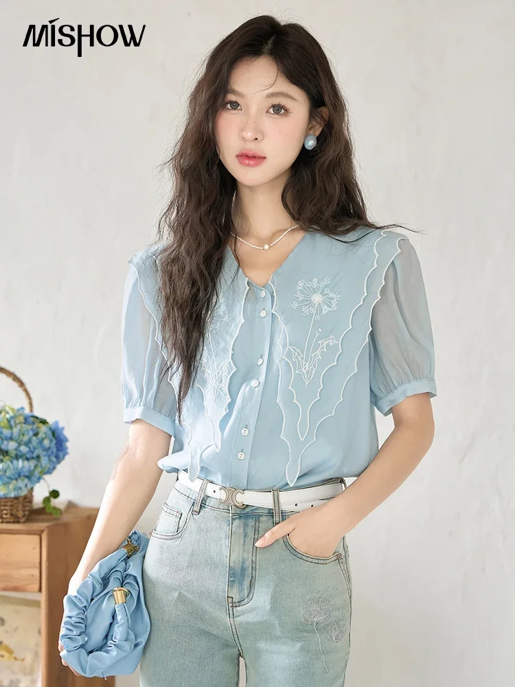 MISHOW【Taraxacum Series】Women's Shirt 2023 Summer Double Layer Doll Collar Embroidery Puff Sleeve with Straps Shirt MXC39X0100 10 pcs lanyard key chain straps keychain for pass card id card sleeve lanyards mobile phone camera pu weave