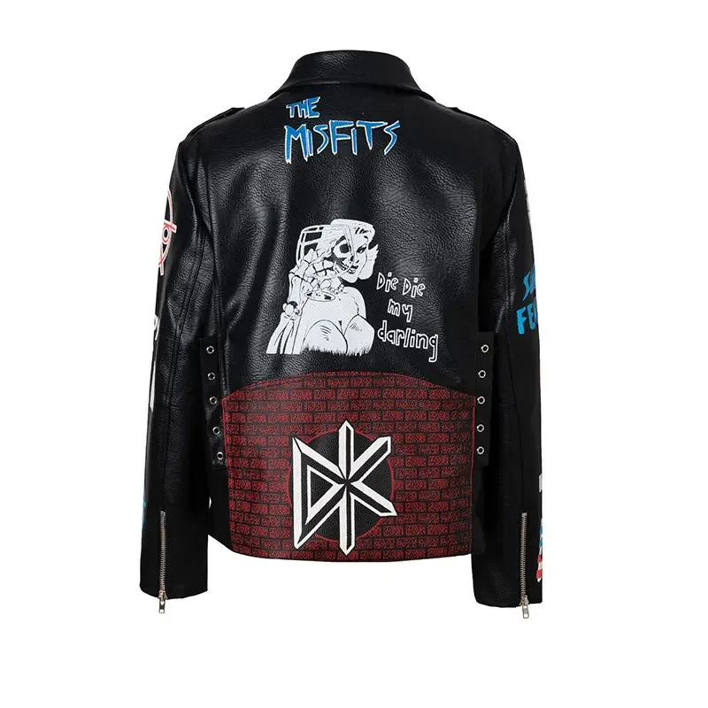 Graffiti Print Motorcycle Jacket for Women's and Men's 2024 Trend Punk Style Streetwear Contrast Black Faux Leather Jackets