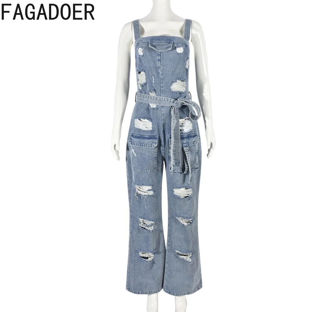FAGADOER Fashion Street Style Women Hole Tassels Denim Strap Sleeveless Jumpsuits Spring Female Lace Up Straight Cowboy Playsuit