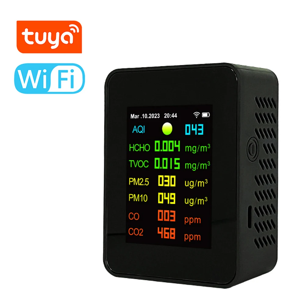 

Tu ya Wifi Portable Air Quality Meter 7in1 PM2.5 PM10 Carbonic Oxide CO2 TVOC HCHO AQI Tester TFT Screen Carbon Dioxide Detector