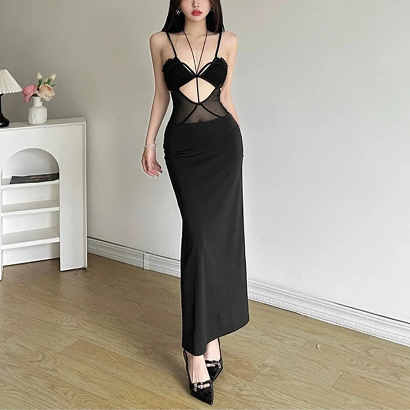 Summer Dress Women Sexy Solid Color Hollow Out Spaghetti Strap Sleeveless Mesh Bodycon Dress Evening Party Dresses